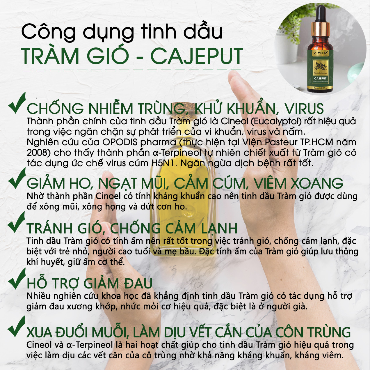 Dầu tràm cho bé cao cấp, an toàn. Tinh dầu Tràm gió Vemoda giúp kháng khuẩn, giữ ấm và chăm sóc bé yêu . Dung tích 10ml