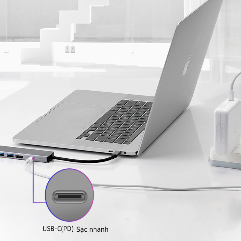 Bộ Chia Hub USB Type C Ra 5 Cổng USB 3.0, HDMI, sạc nhanh PD, cổng Ethernet nhanh
