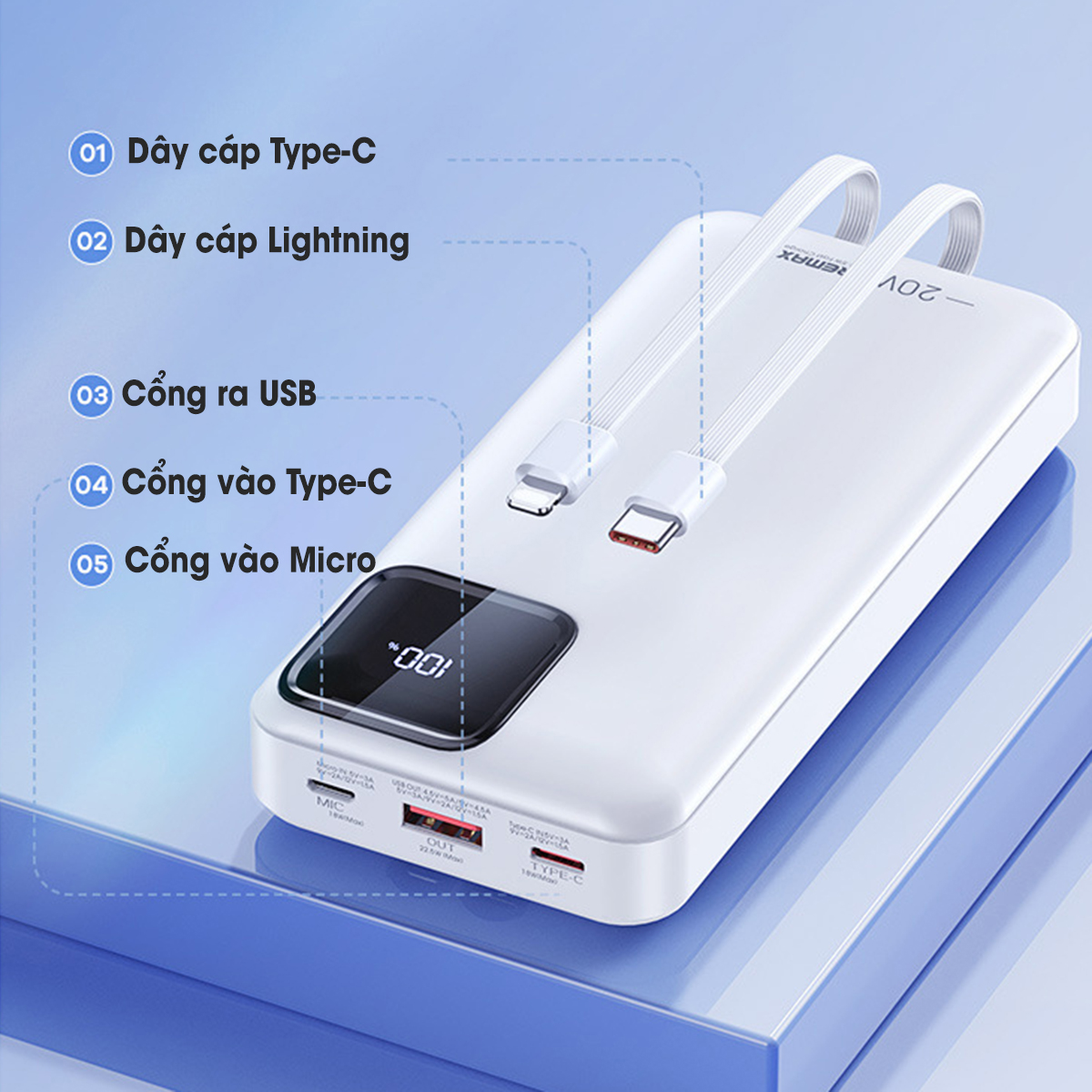 Sạc Dự Phòng 20000mAh Remax RPP-513 Tích Hợp 2 Cáp Sạc Nhanh TypeC và Lighning PD 22.5W - Hàng Chính Hãng Remax