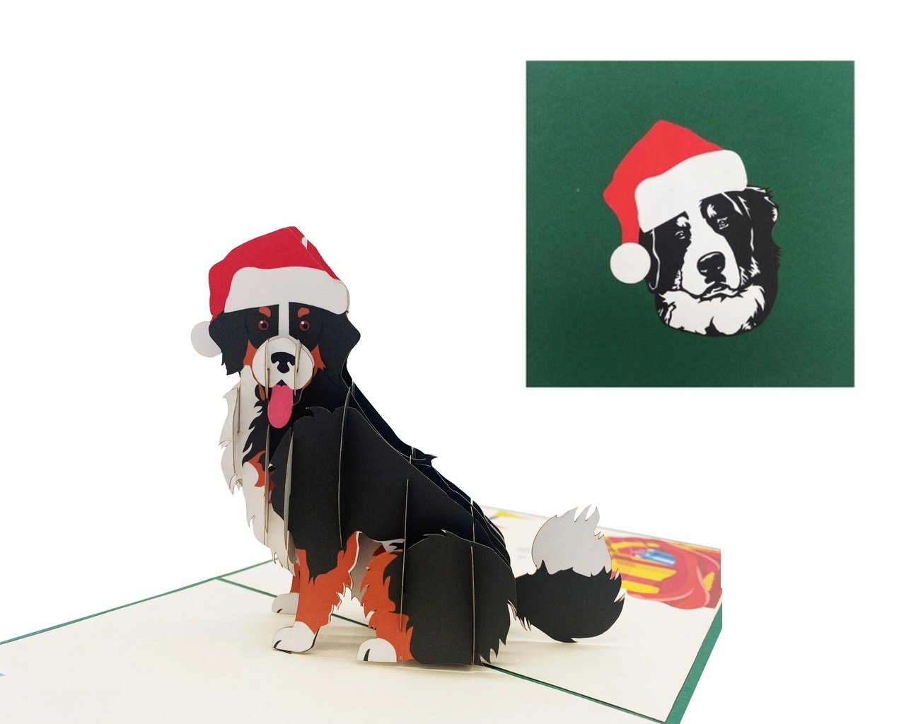 X42 -  THIỆP NOEL 3D CHÓ BERNESSE ĐỘI NÓN SANTA – SIÊU DỄ THƯƠNG