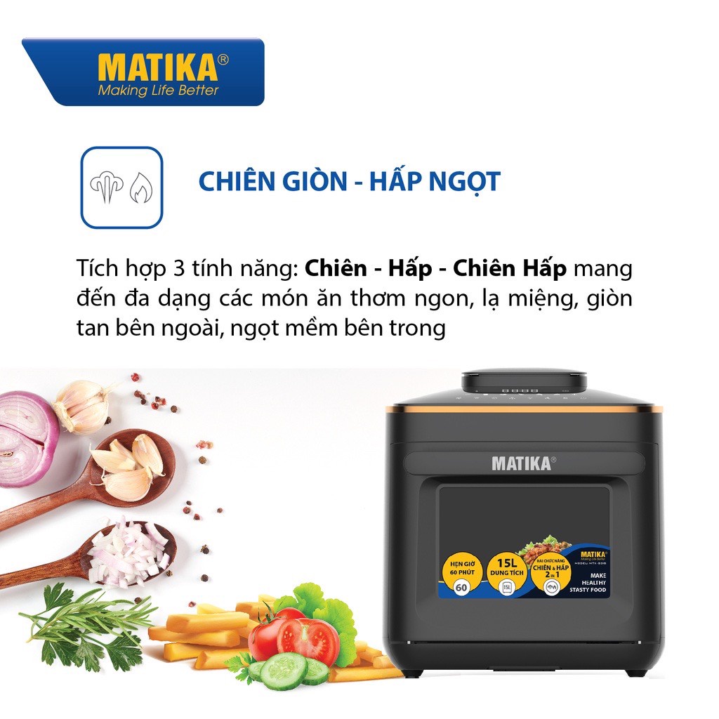 Nồi chiên hơi nước Matika MTK9315 đời mới, dung tích 15L, Giòn-Ngọt_hàng chính hãng