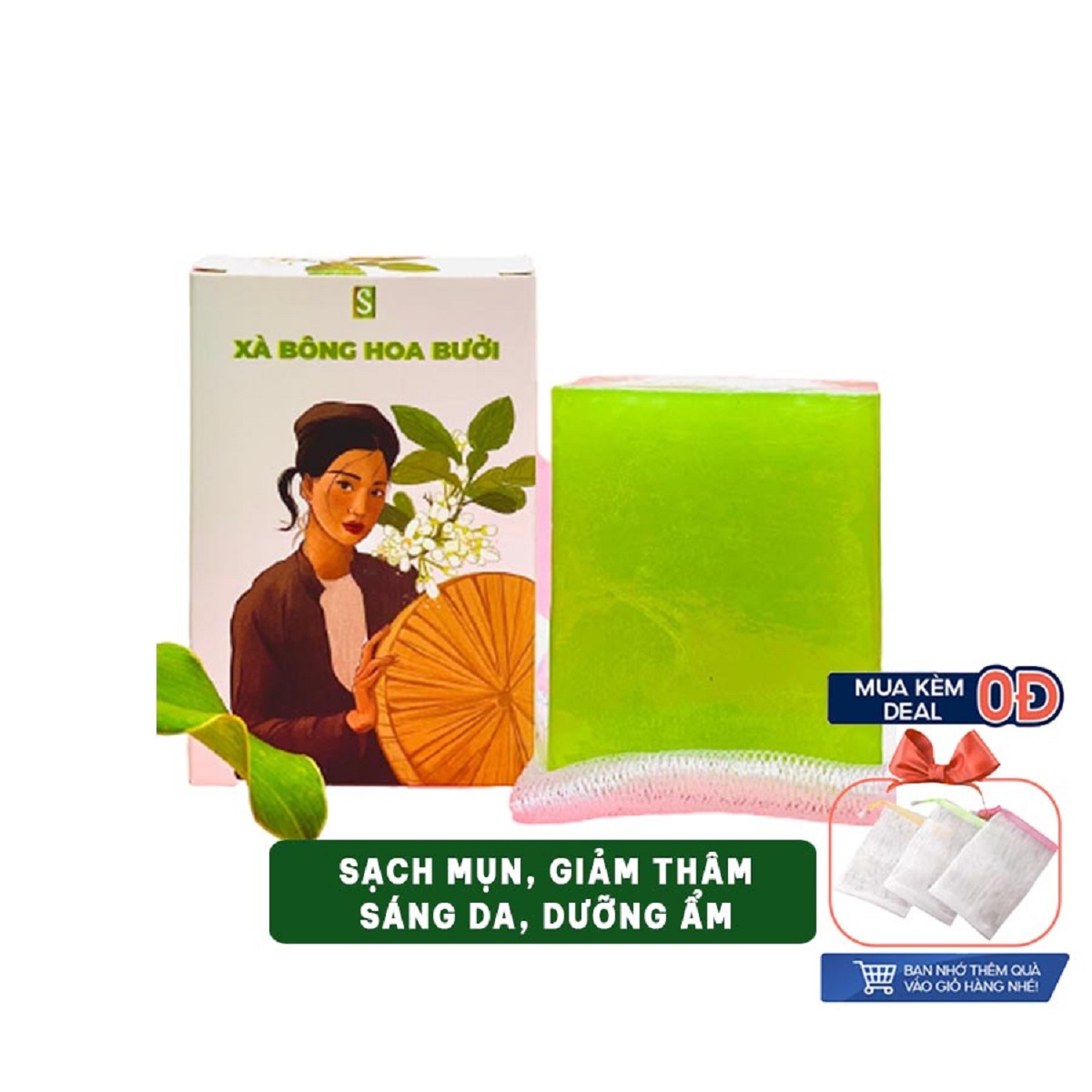 Xà bông Sinh Dược Hoa Bưởi giảm mụn xà phòng làm sạch dưỡng ẩm và làm mềm da chiết xuất 100% từ thiên nhiên 80gr kèm túi