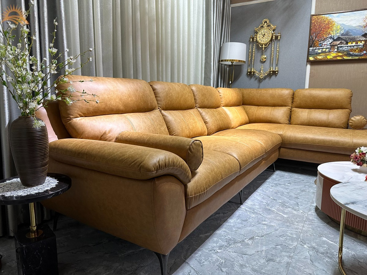 Sofa góc L da bò Italy Juno sofa màu vàng bò – SFLCT01 3m3 x 2m8 hàng cao cấp chuẩn da bò nhập khẩu Ý