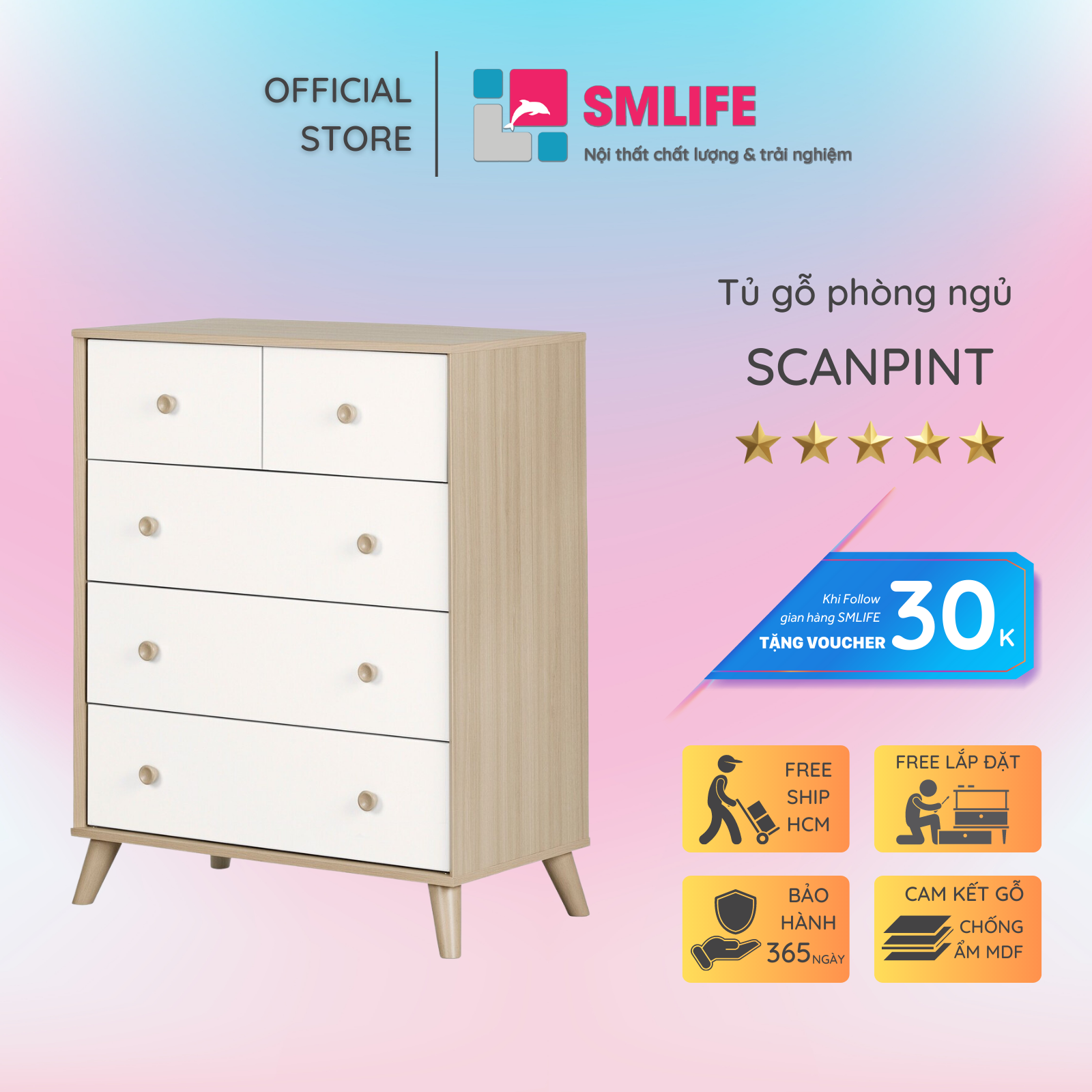 Tủ phòng ngủ gỗ hiện đại SMLIFE Scanpint | Gỗ MDF dày 17mm chống ẩm | D75xR40xC100cm