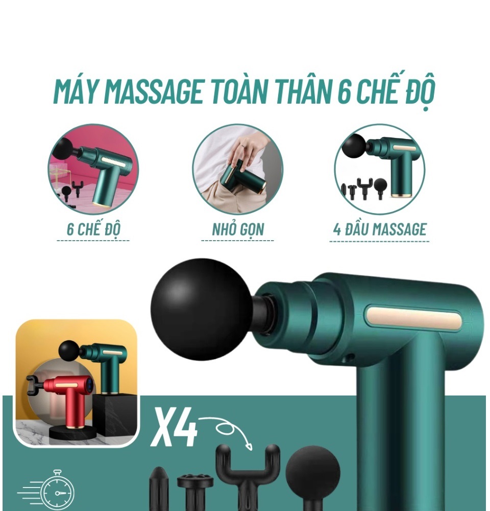 Máy massage toàn thân 4 đầu thay và 6 chế độ rung giảm đau mỏi cơ - Súng mát xa mini cầm tay cho nam và nữ, dùng cho cổ vai gáy, lưng, hông, chân, tay....