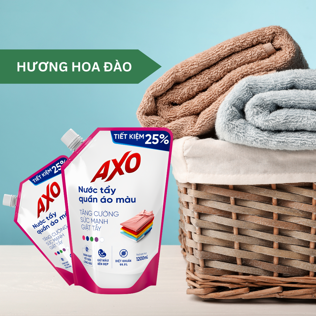 [Combo 4 TẶNG 5] 4 Túi Nước tẩy quần áo màu đánh bay vết bẩn AXO 1200ml không mùi khó chịu