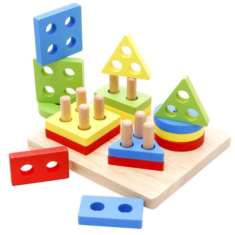 Đồ chơi thả hình khối gỗ 4 trụ cho bé - Giáo cụ Montessori giúp bé tăng khả năng nhận biết hình học, màu sắc