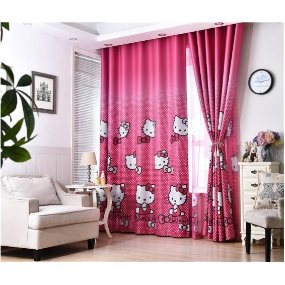 Rèm Cửa Trang Trí Cao Cấp Hoạt Hình Mẫu Mèo Hello Kitty Màu Hồng Chấm Bi Siêu Xinh