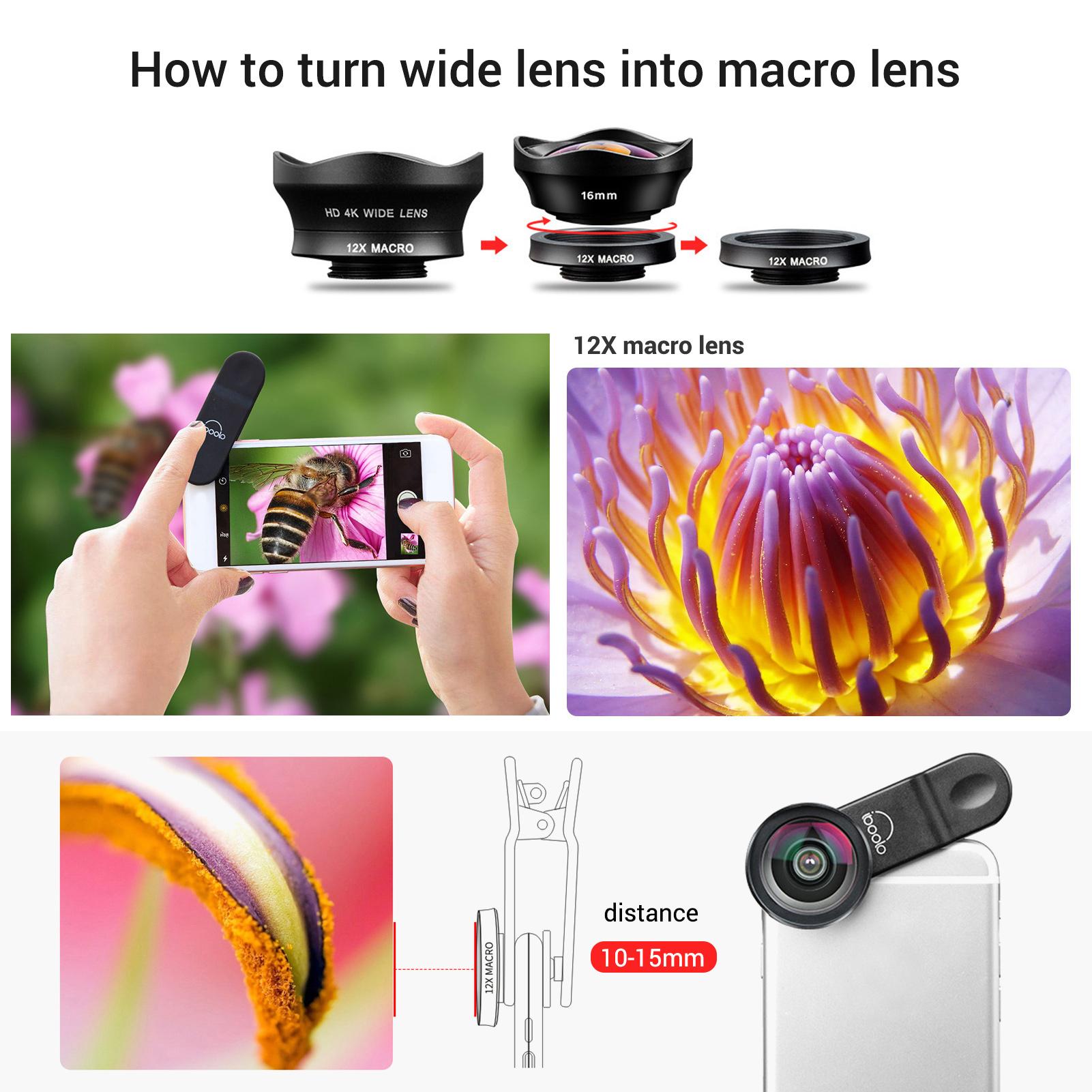 Two in One 16mm Wide Lens + 12X Macro Lens Set Clip-on Phone Camera Lens Add-on Lenses Kit HD Camera Lens Compatible