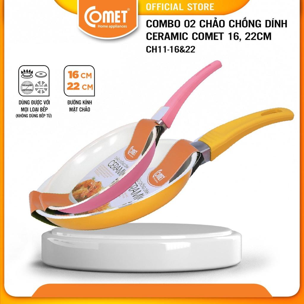 Combo 02 chảo chống dính Ceramic COMET - CH11-16&amp;22 - Màu ngẫu nhiên - Hàng Chính Hãng