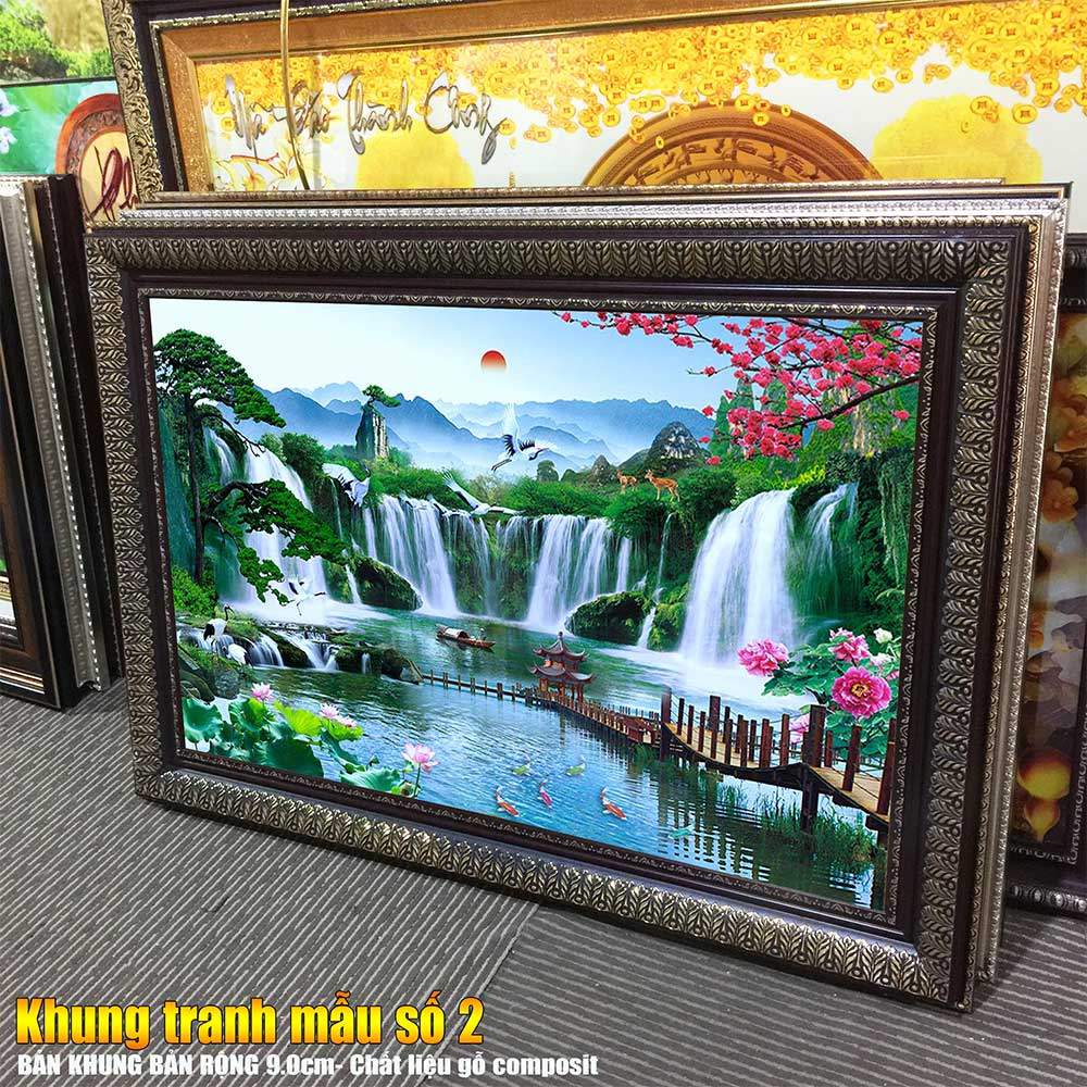Tranh treo tường phòng khách, phòng ngủ SƠN THỦY HỮU TÌNH khung gỗ composit chất liệu pvc gương / lụa kim sa. MS:2271L9