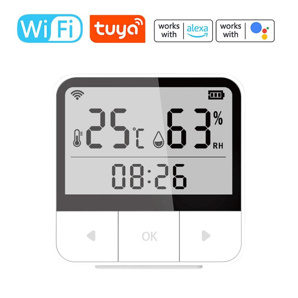 Tuya WiFi Intelligent Temperature Humidity Sensors Time Date Week Display Intelligent Home Office Bedroom Kitchen Living Room Hotel Temperature Humidity Sensors Large Display Intelligent Linkage Compatible with Alexa