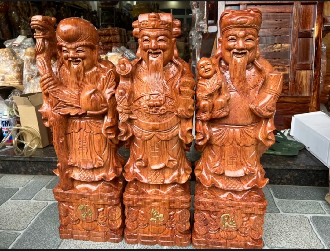 Bộ tam đa Phúc Lộc Thọ gỗ hương nguyên khối cao 30-40-50-60 cm