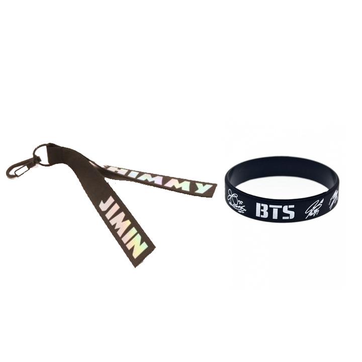 Combo 2 món idol BTS gồm 1 dây móc khóa nametag kèm 1 vòng tay cao su 