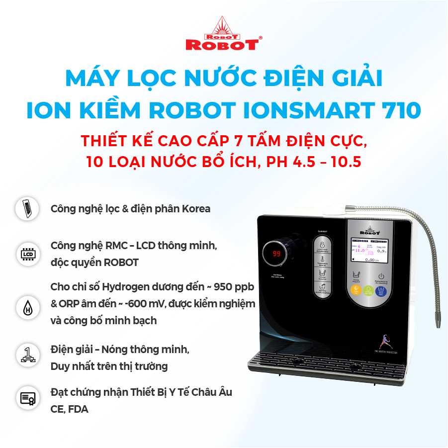 Máy Lọc Nước Điện Giải ROBOT IonSmart 710 Chức Năng Nóng Thông Minh Bộ Điện Phân Có 7 Tấm Điện Cực - Hàng Chính Hãng