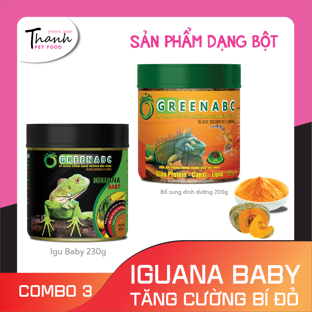 Thức ăn bò sát Iguana Baby nhãn GREENABC vị bí đỏ dùng cho Iguana từ mới nở cho đến 9x – Tăng trưởng nhanh, lên màu đẹp, phòng chống MBD, teo đuôi – Hộp 230g