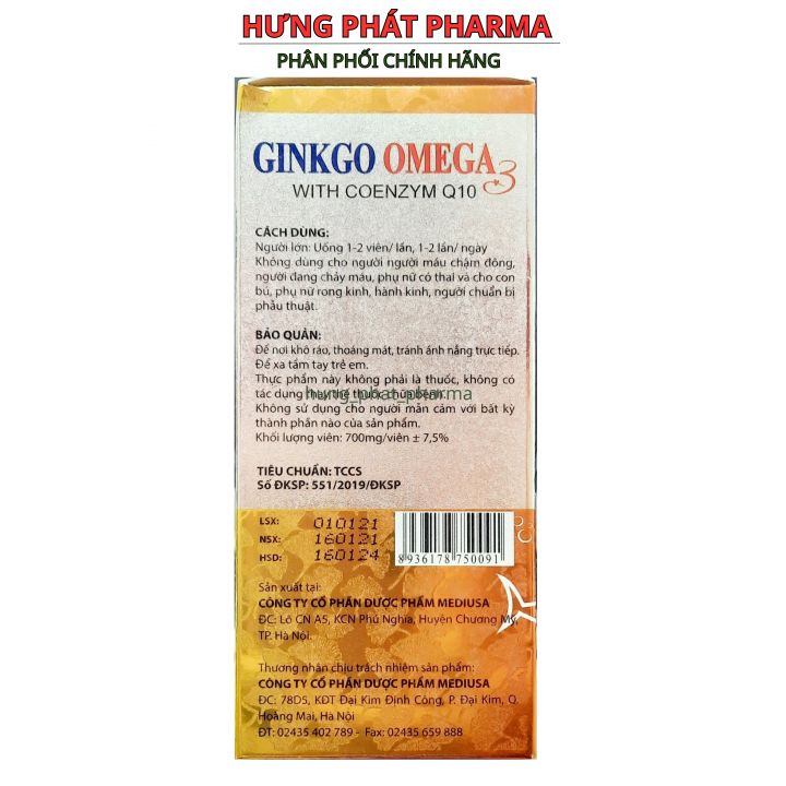 Hoạt huyết dưỡng não Ginko omega 3 with coenzym Q10  giúp cải thiện giấc ngủ , giảm đau dầu hoa mắt chóng mặt tai biến mạch máu não – Hộp 100 viên