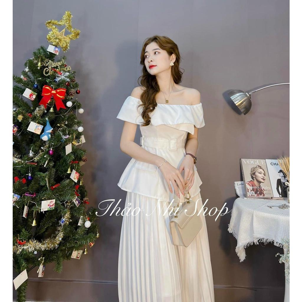 Set áo trắng bẹt vai cháo đắp tà chân vấy trắng midi dập ly mẫu chị thảo nhi shop