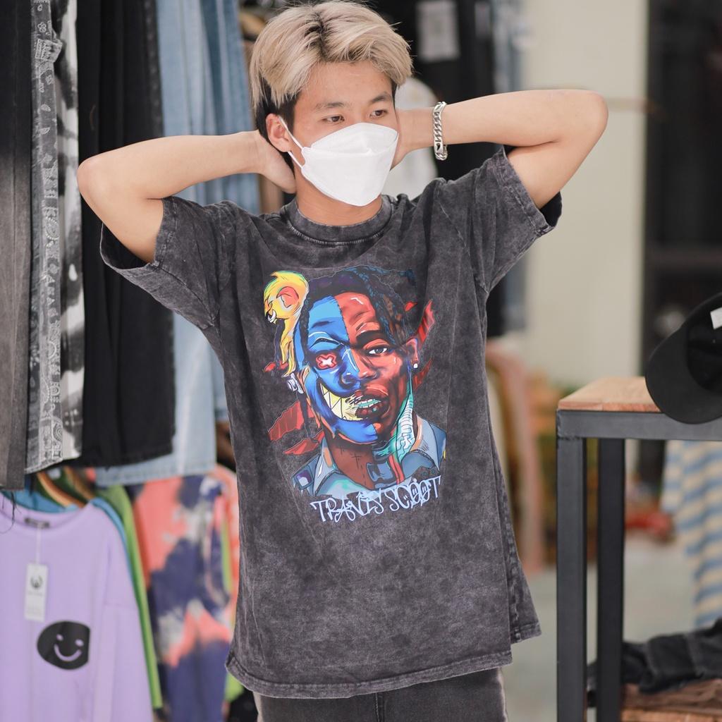 Áo thun loang đen TRAVISSCOTT tay lỡ nam nữ chất liệu cotton 100% cao cấp dáng unisex