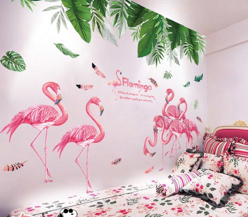 Decal dán tường lá xanh và chim hạc combo trang trí tường nghệ thuật