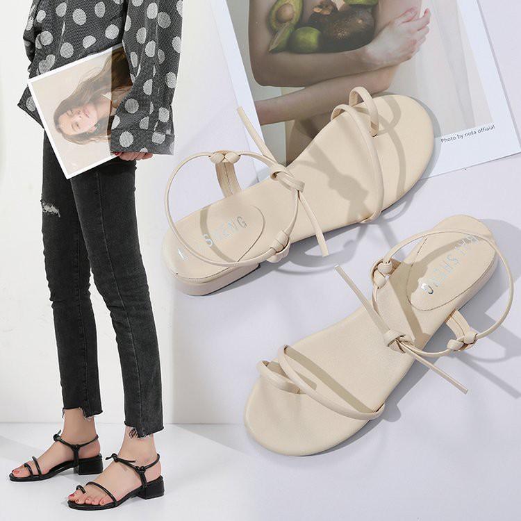 Hàng Quảng Châu - Sandal xỏ ngón quai mảnh da mềm, dây tự buộc độc đáo, đế cao 3cm, 2 màu Đen + Kem - Mã S09