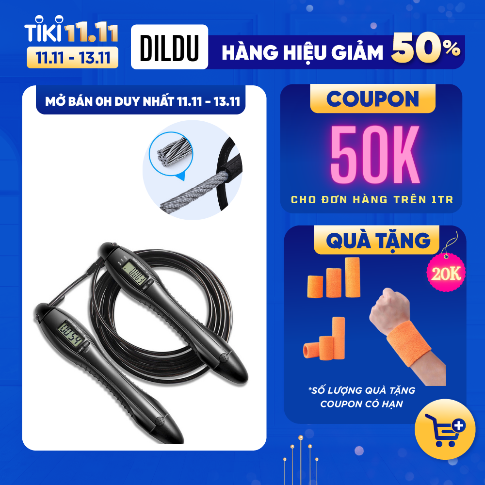 Dây nhảy lõi thép Cao Cấp luyện tập thể lực  tự động đếm số - đếm giờ - tích hợp đo calo - quãng đường - Hàng Chính Hãng