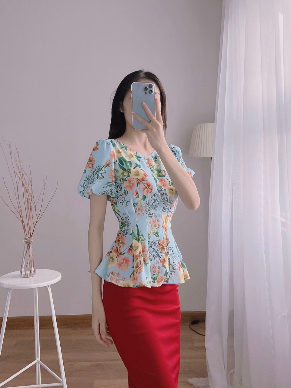 Hàng thiết kế - Áo kiểu peplum hoa lá cột eo xếp ly siêu xinh - A55145