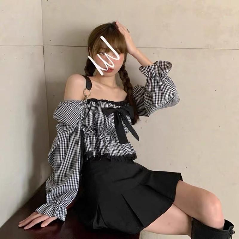 Áo sơmi caro trễ vai thắt nơ Ulzzang