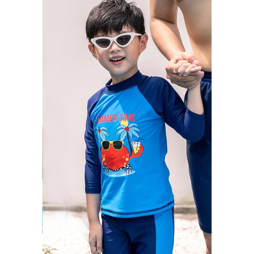 Đồ bơi áo tắm em bé BIKINI PASSPORT KID - Quần lửng, táo tay dài phối họa tiết - Xanh ngọc - KD020_TU