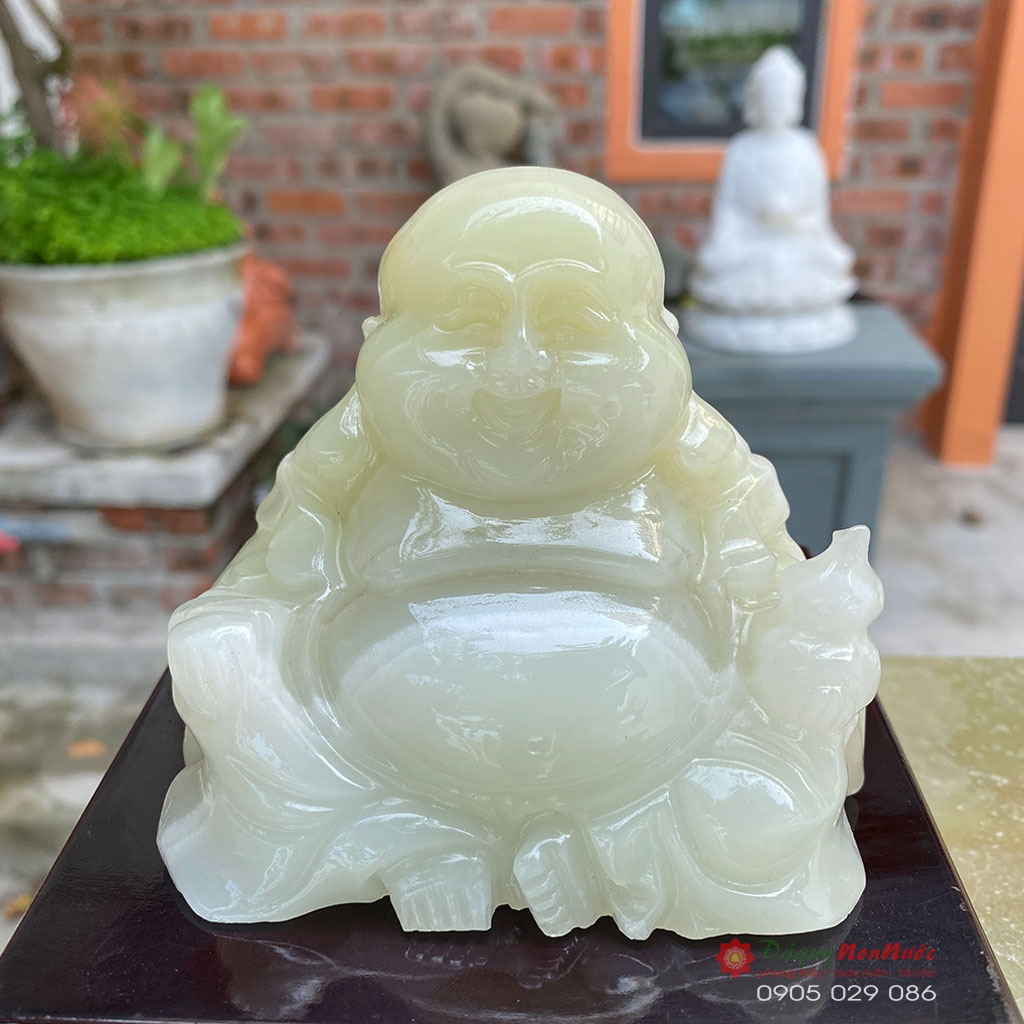 Tượng Phật Di lặc cầm hồ lô đá ngọc Pakistan 10cm - đá Non Nước