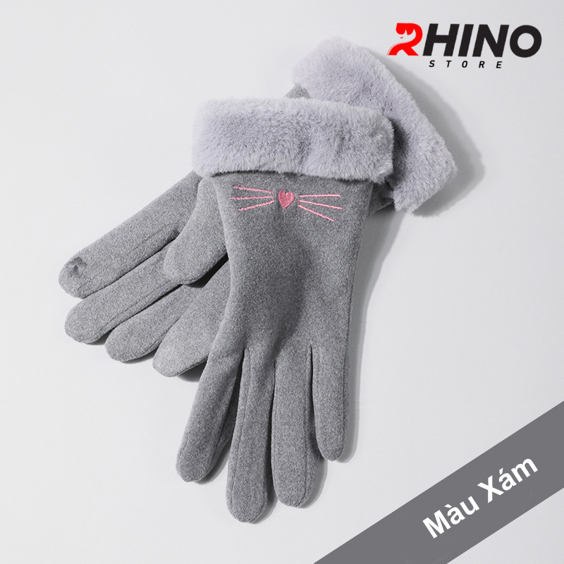 Găng tay nữ da lộn lót lông giữ ấm, chống gió Rhino G902 cảm ứng điện thoại, đi xe máy freesize