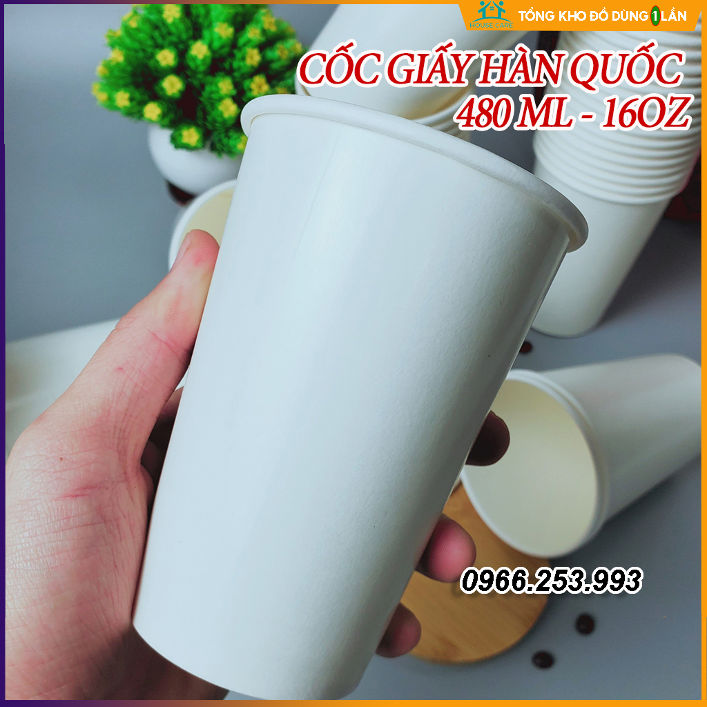 50 cốc giấy 480ml - 16OZ cốc giấy trơn cứng cáp dùng 1 lần, hàng cao cấp xuất khẩu Hàn Quốc