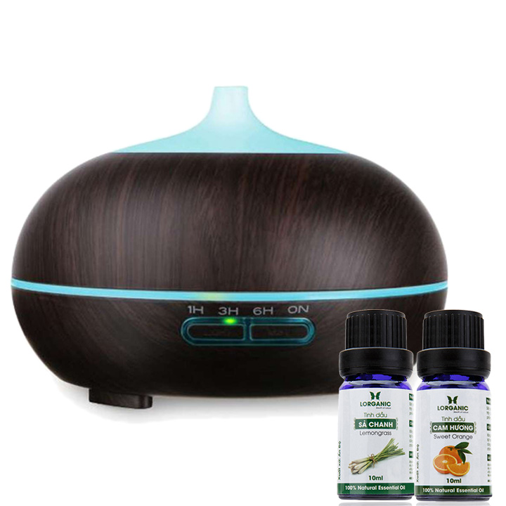 Combo Máy khuếch tán/ máy xông tinh dầu Bí Ngô vân gỗ tối Lorganic FX2027 + tinh dầu sả chanh + tinh dầu cam Lorganic