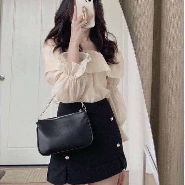 Áo sơ mi trễ vai 2 lớp hàng mới_001 babydoll bánh bèo mầu trắng
