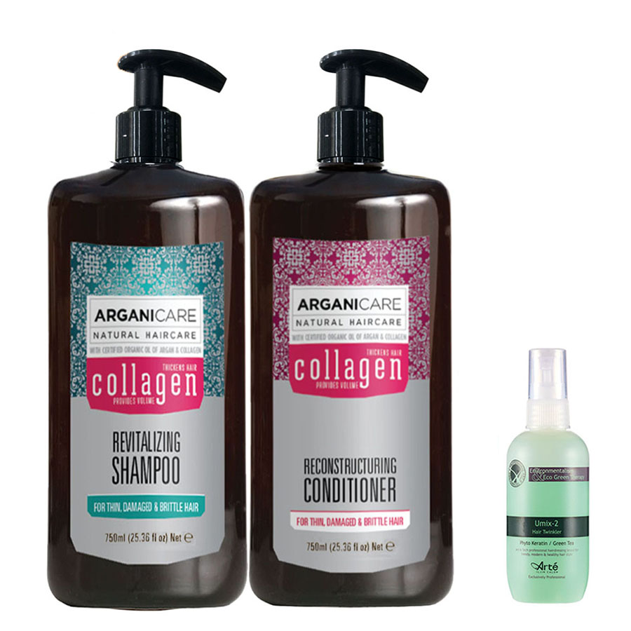 COMBO Gội xả chắc khỏe và làm dầy tóc COLLAGEN ARGANICARE 750ml Israel (Tặng Xịt Dưỡng Arte Umix-2 Hàn Quốc 120ml )