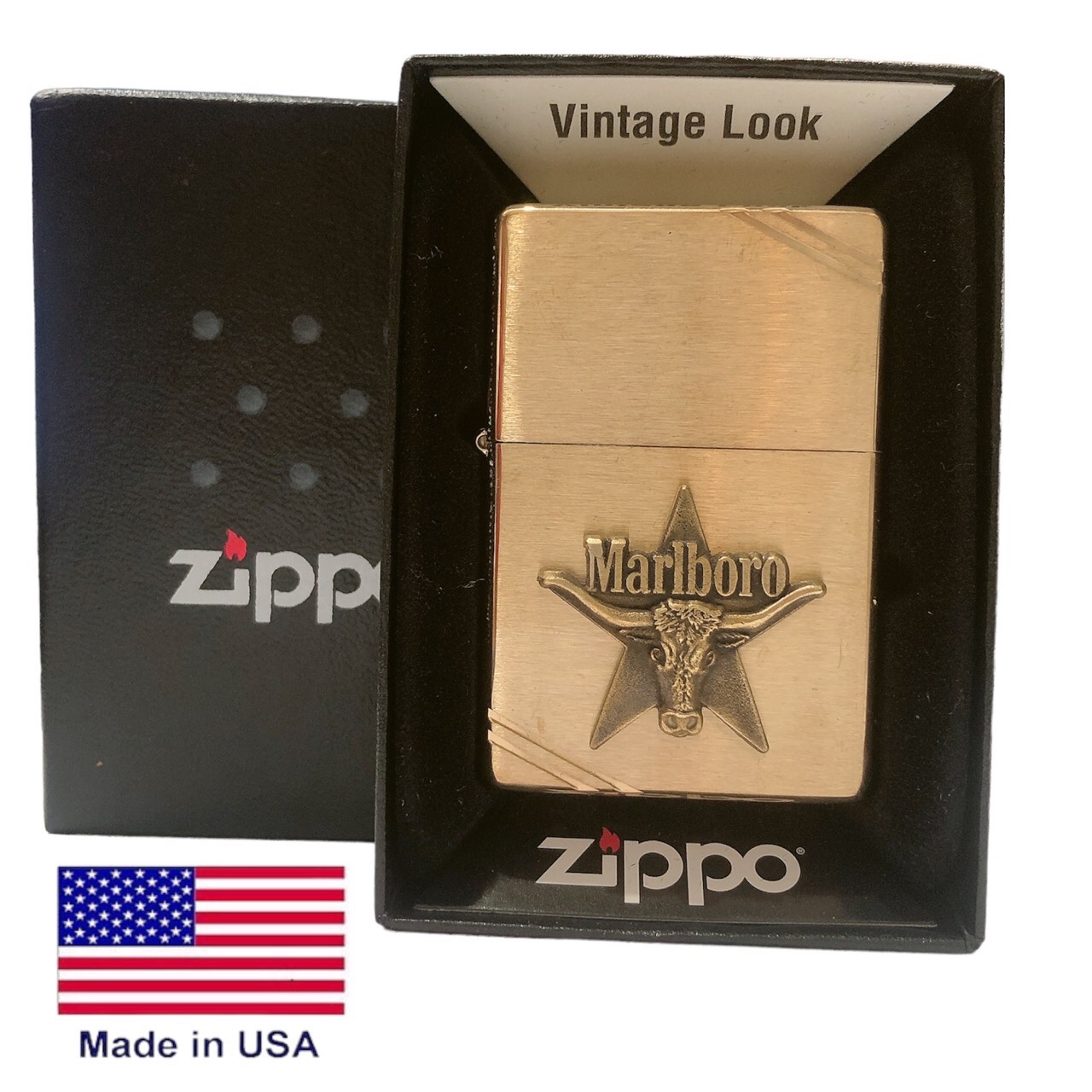 Bật lửa Ziippo Mỹ Vintage Brushed Brass - đầu bằng đít bằng, Eblem Đầu Bò Solid Brass đồng nguyên chất