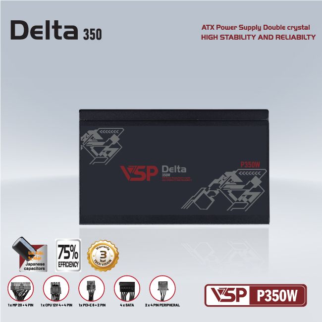 Nguồn máy tính VSP 350W Delta P350W ATX có 8pin (6+2) VGA - Hàng chính hãng VSP phân phối