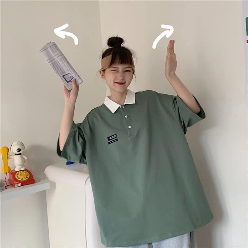 Áo thun nữ - áo phông cộc tay phom rộng cổ phối màu 3 màu xinh xắn