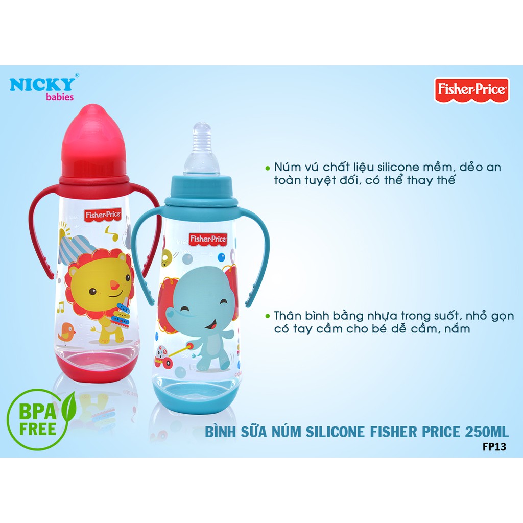Bình sữa núm silicone, tay cầm, kèm đế 250ml Fisher Price FP13