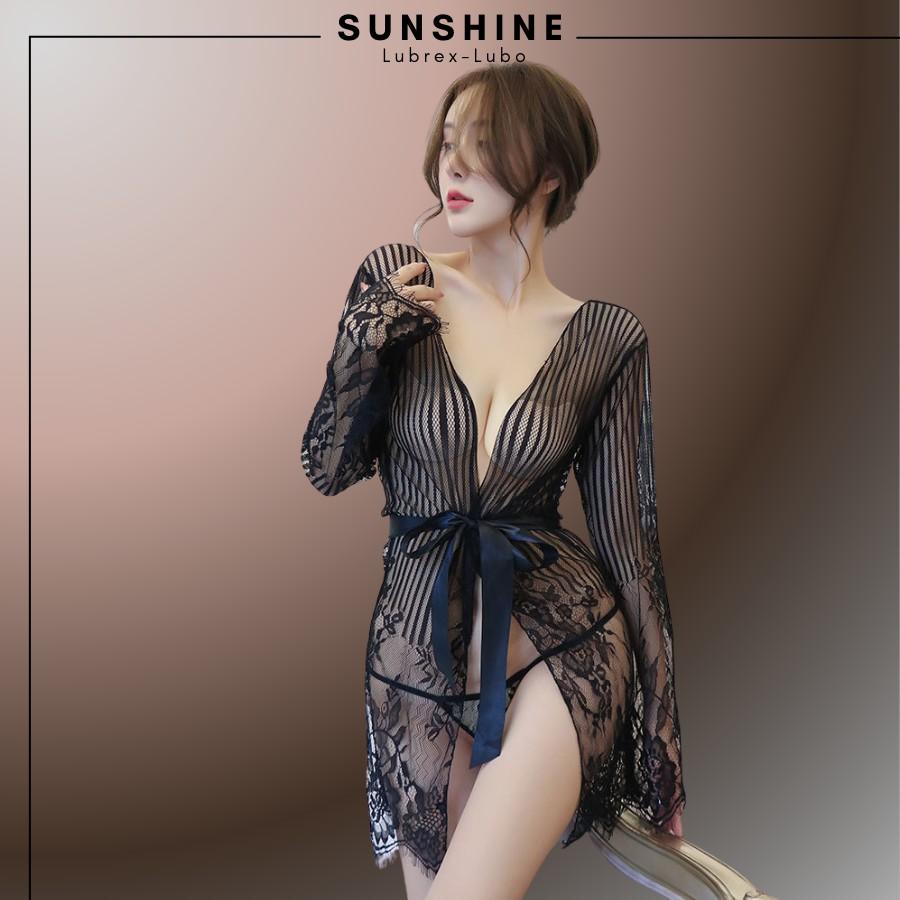 Áo choàng kimono Voan mỏng phối ren cao cấp kẻ sọc màu đen SUNSHINE LUBREX-LUBO -SOC1066