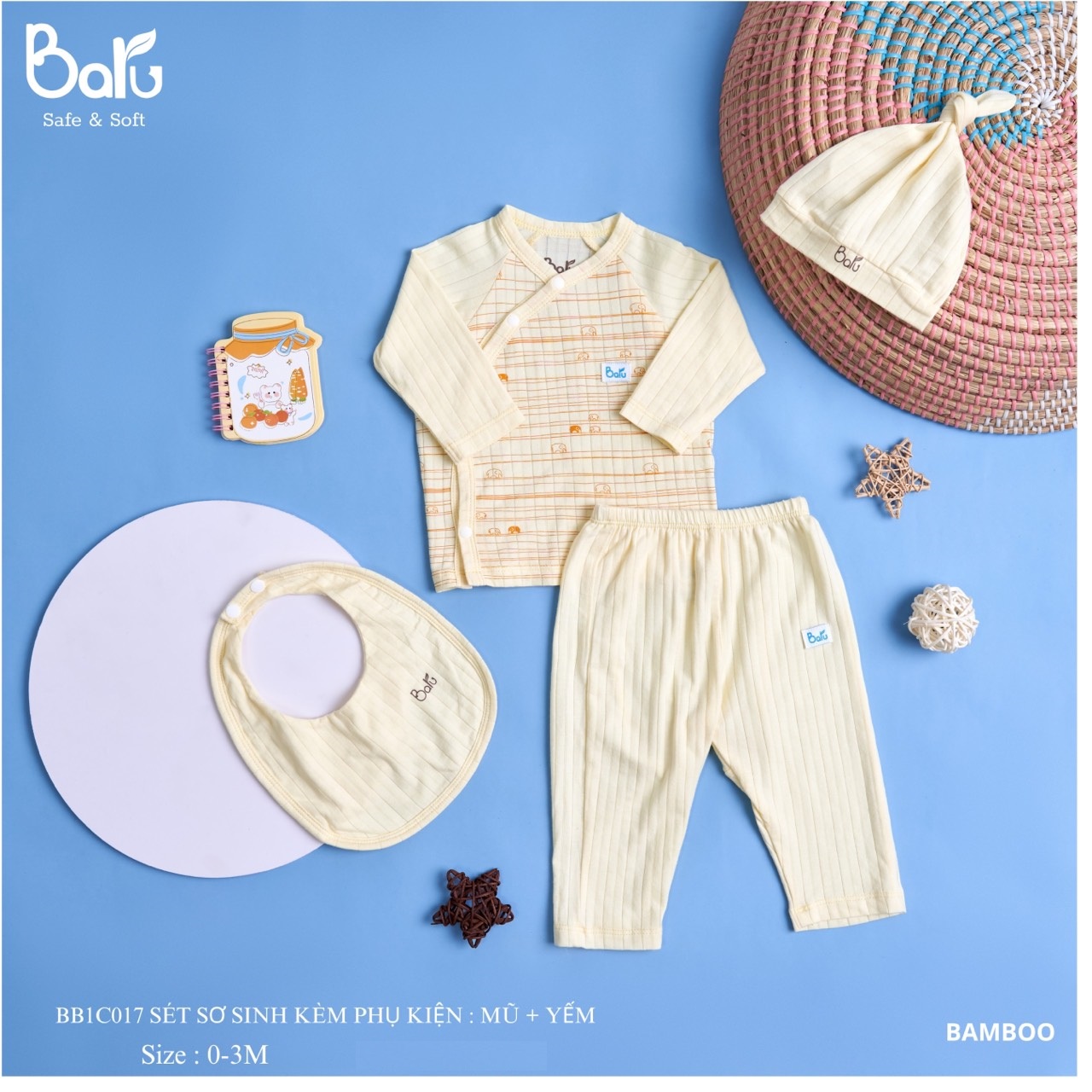 Bộ sơ sinh  BARU cotton dài tay,cài lệch kèm phụ kiện thời trang trẻ em ( 0-3m )