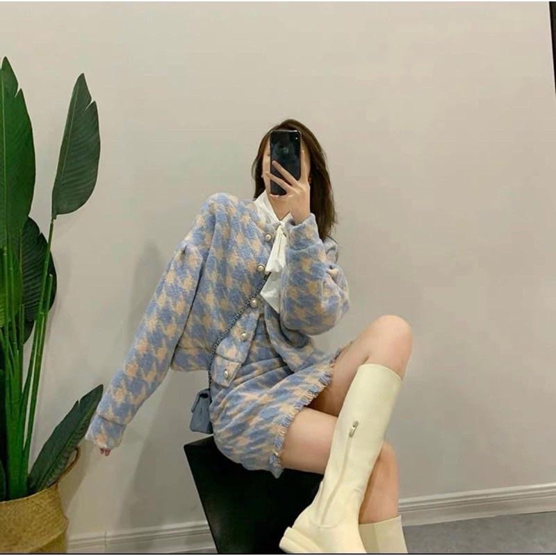 Set dạ tweed xanh nữ tiểu thư cao cấp tay bồng ulzzang Hàn Quốc