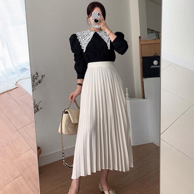 Chân váy xếp ly dáng dài vintage freesize lưng thun thoải mái, may 2 lớp chất liệu voan cát, nữ tính - Suri House