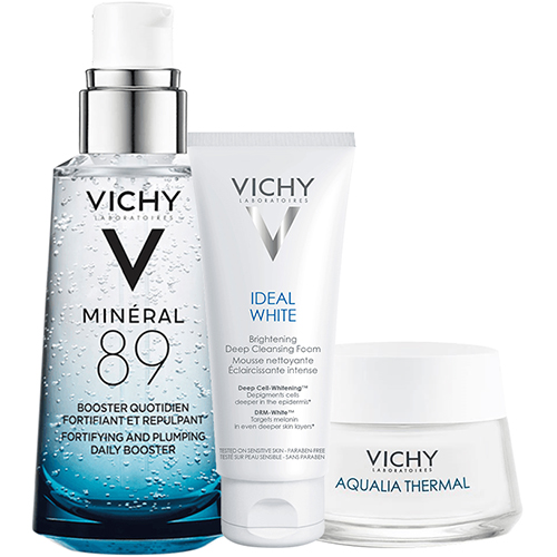 Bộ 3 dưỡng Chất (Serum) Khoáng núi lửa cô đặc Vichy Mineral 89 50ml, kem dưỡng ẩm Aqua Gel Cream 15ml và sữa rửa mặt trắng da Ideal White Foam 15ml