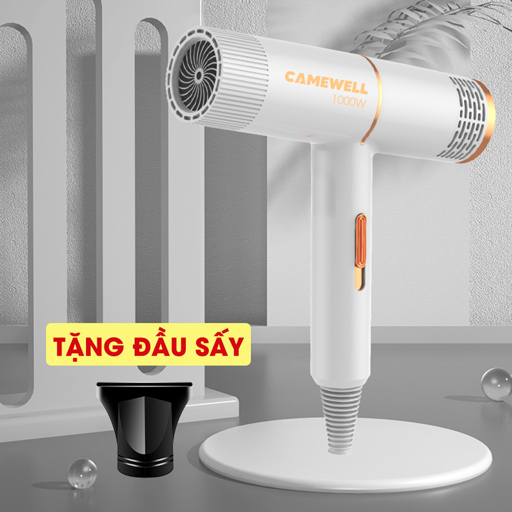 Máy sấy tóc mini chính hãng CameWell công suất lớn 1000W, giảm tiếng ồn, tặng đầu sấy tạo kiểu tóc chuyên nghiệp 2 chiều nóng lạnh CW01HD