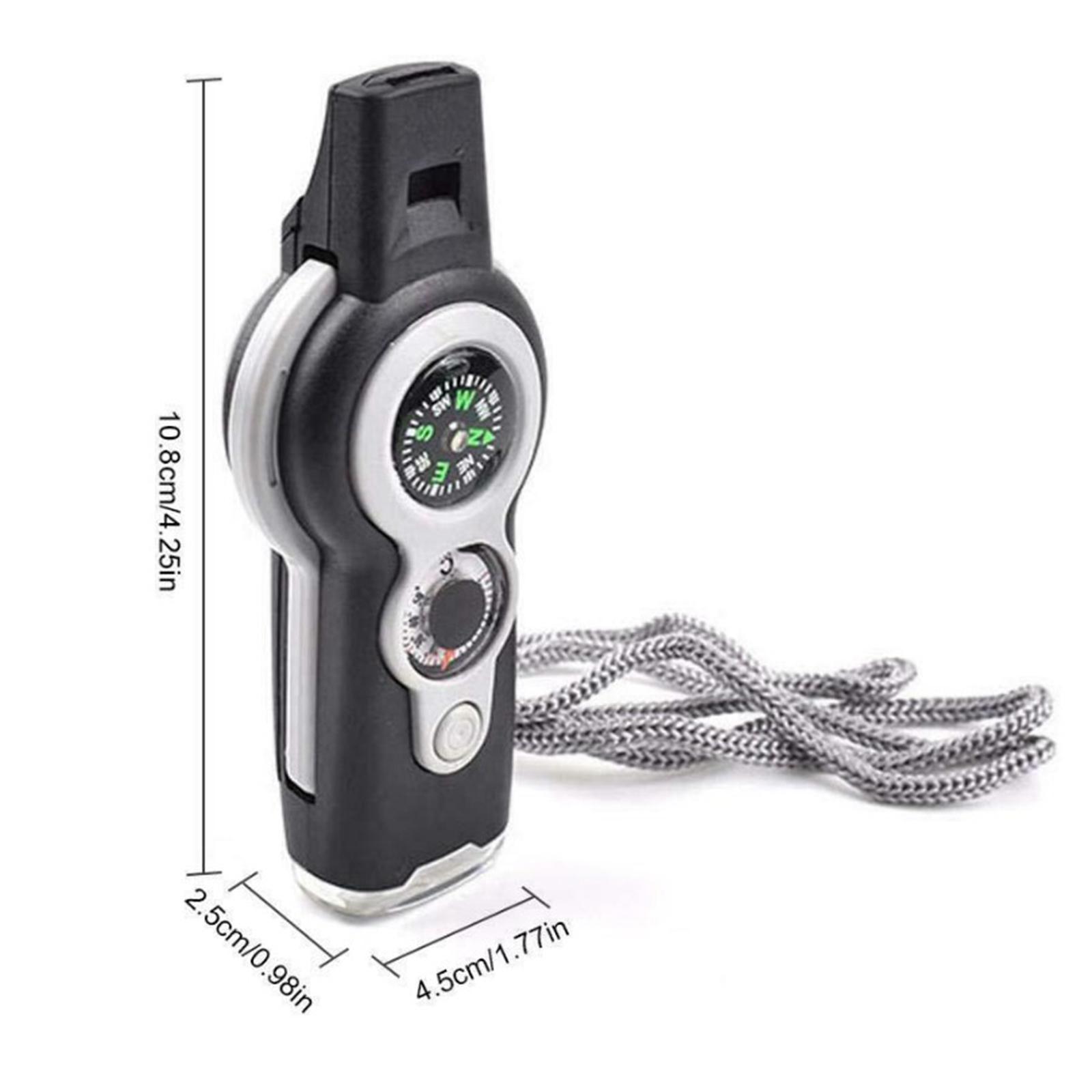 Emergency Whistle,7-in-1 Tool, Survival Flashlight Mirror with Storage,Hiking Compass,Camping Thermometer,Magnifier Mirror for Survival Compass