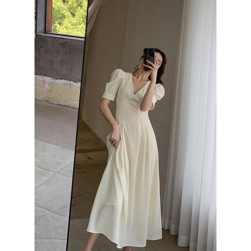 Đầm midi xếp eo cổ V tay phồng