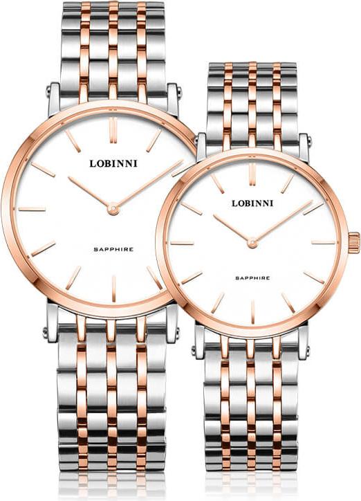 Đồng hồ đôi Lobinni L3002-2 chính hãng Thụy Sỹ ,Kính sapphire ,chống xước ,Chống nước 30m,mặt trắng vỏ trắng hồng dây kim loại thép không gỉ 316L,Máy điện tử (Quartz) ,Bảo hành 24 Tháng,thiết kế đơn giản ,trẻ trung và sang trọng