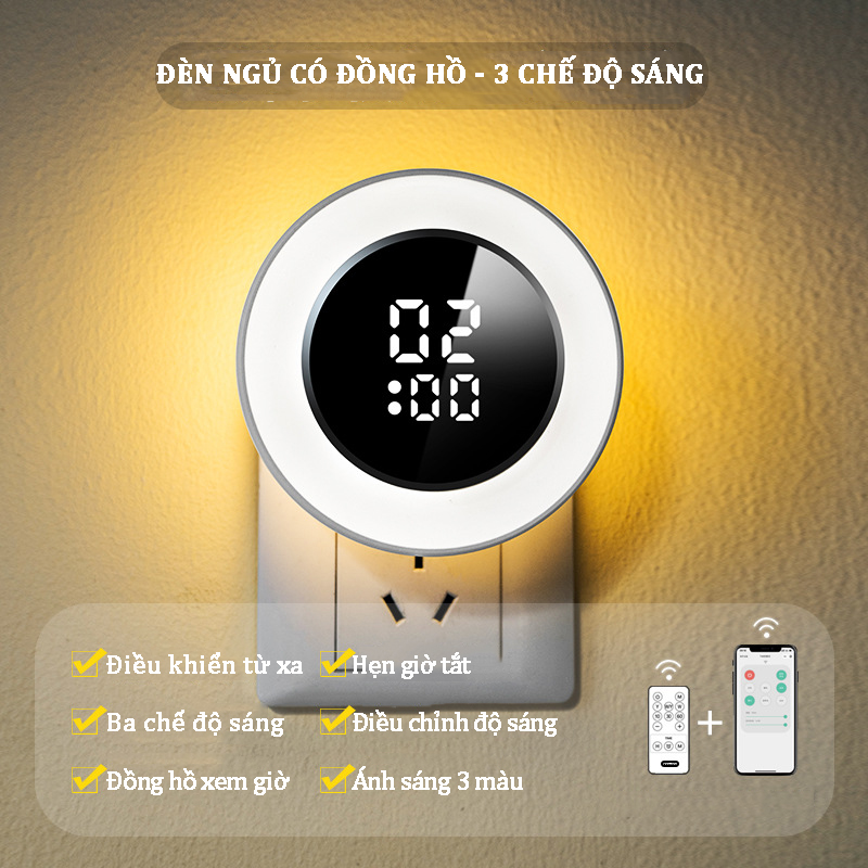 Hình ảnh Đèn ngủ có đồng hồ xem giờ điều khiển từ xa với 3 chế độ chiếu sáng, điều chỉnh độ sáng 10 cấp độ ánh sáng bảo vệ mắt
