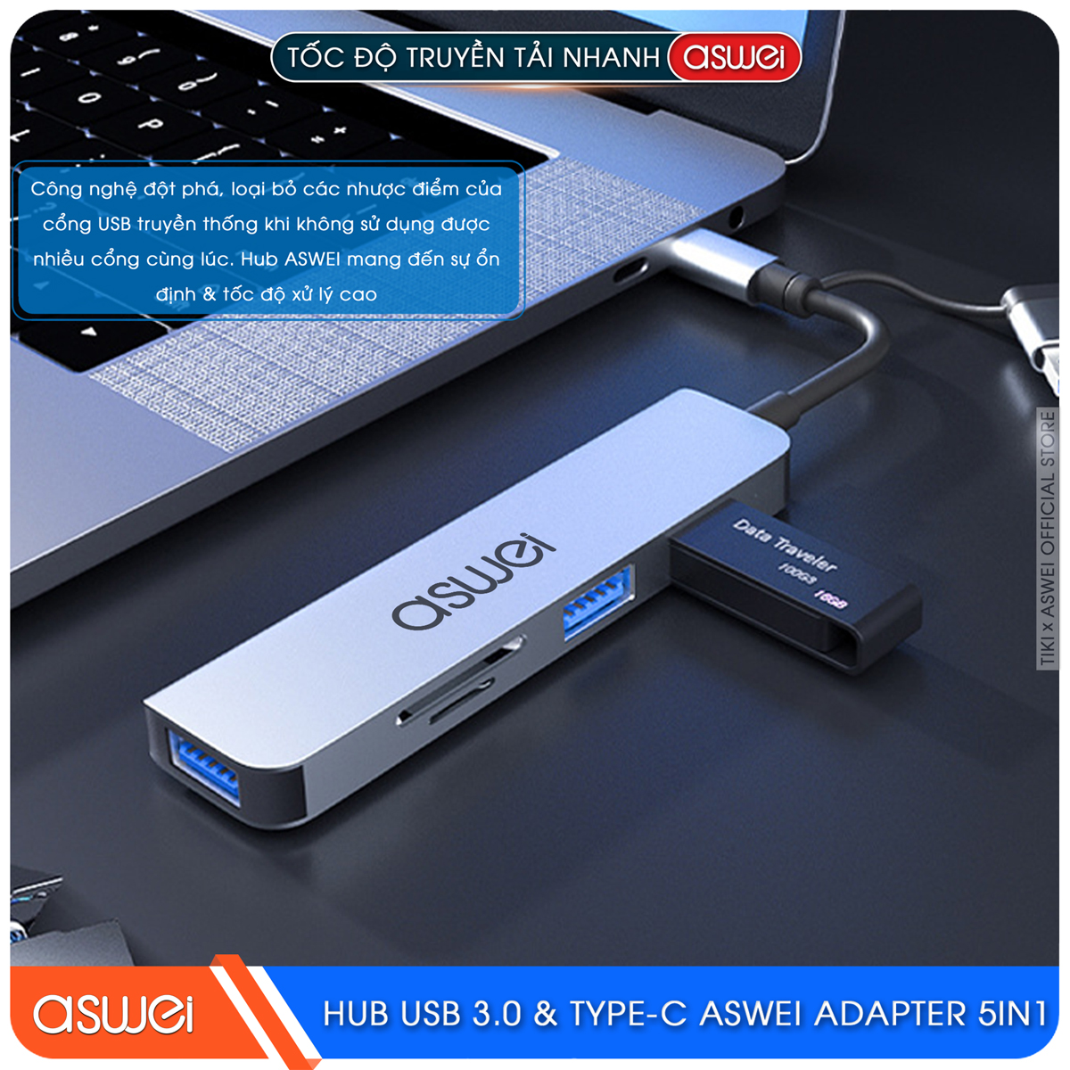 Hub USB 3.0 Và Hub Type C ASWEI 5 in 1 To USB 3.0, SD, TF - Hàng Chính Hãng